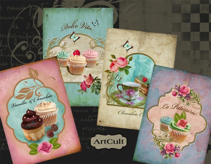 SWEET CUPCAKES - Digital Collage Sheet Gift Tags Printable Download Greeting cards Paper goods