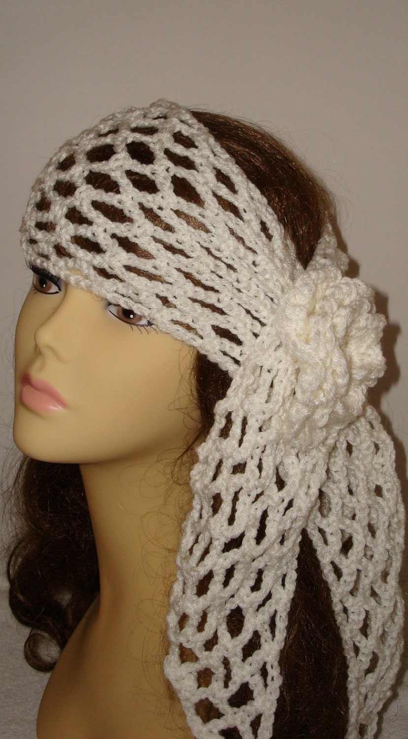 Lovely Versatile Hand Crocheted Gypsy Head Scarf/Headband Neck Scarf with Rose Flower