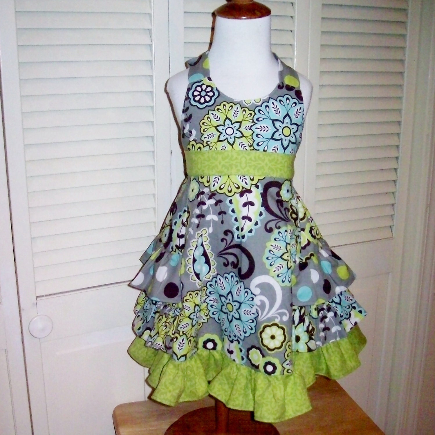 Handmade Girls Ruffled Sundress in Gray, Aqua, and Lime