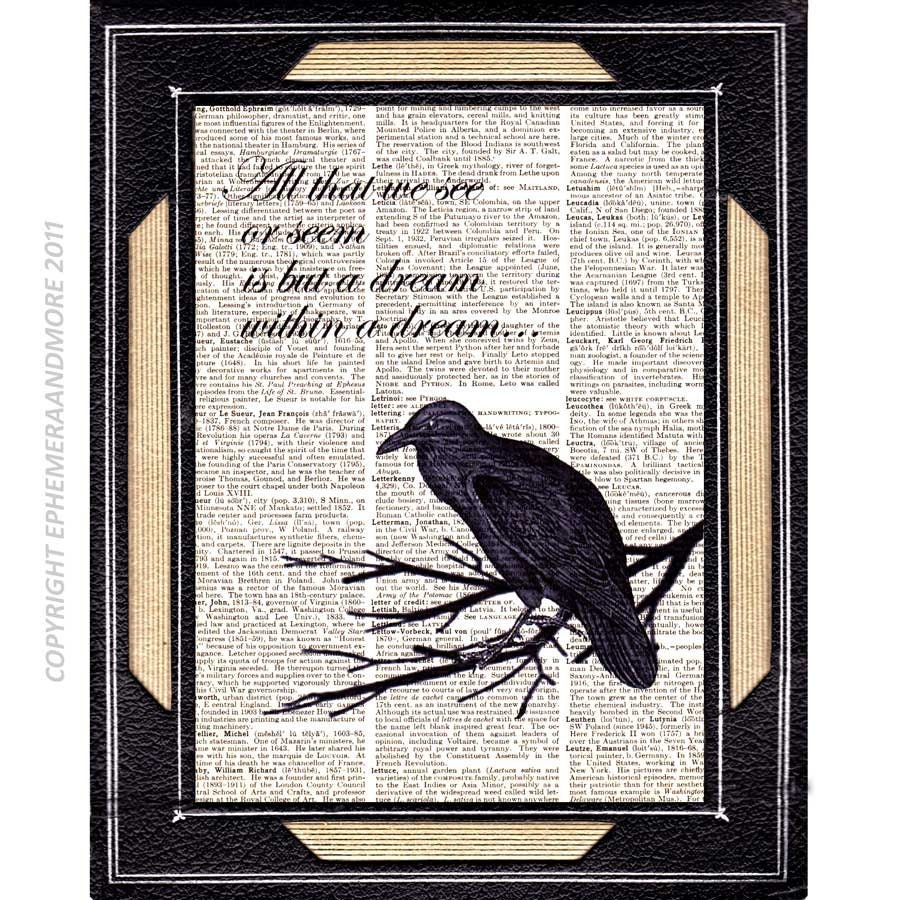 Dictionary print NEVERMORE II Poe Black Crow dictionary art print on dictionary page, Edgar Allan Poe, book page art print