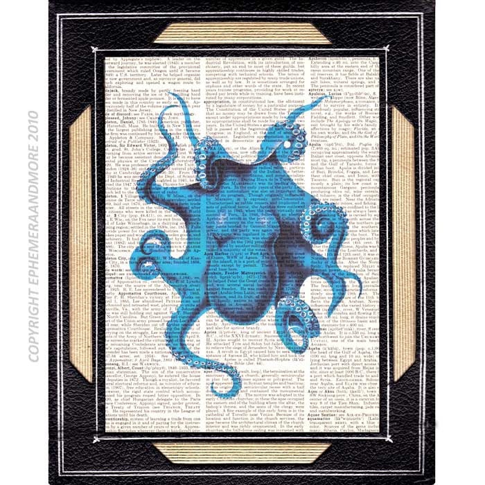 BLUE OCTOPUS art print vintage illustration cephalopod marine animal nautical beach wall decor dictionary print book page art print 8x10