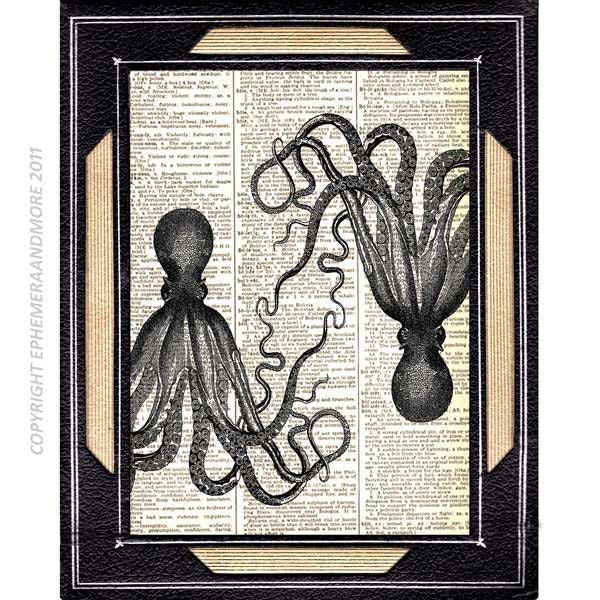 OCTOPUS LOVE art print on vintage dictionary page book page art print dictionary print wall decor black white cephalopod couple 8x10