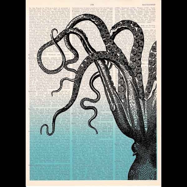 OCTOPUS in blue WATER ombre dictionary art print on vintage dictionary book page upcycled cephalopod tentacle art  8x10