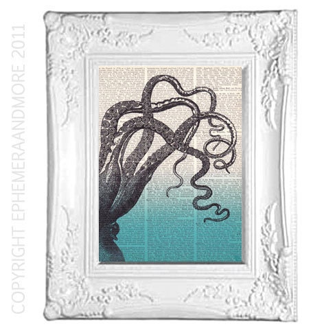 OCTOPUS TENTACLES blue ombre nautical beach art print on upcycled dictionary print cephalopod book page art print 8x10