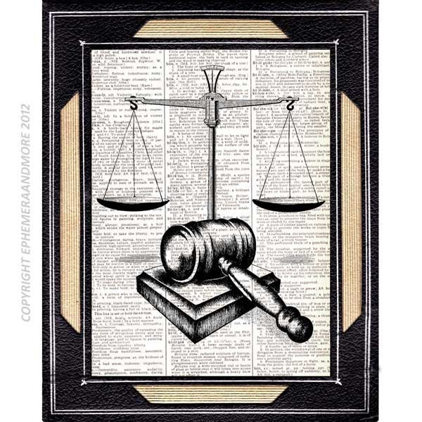 SCALE of JUSTICE and GAVEL art print on dictionary book page art print dictionary print  vintage law barrister office decor lawyer