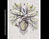 Human HEART as TREE of LIFE original artwork on dictionary book page art print collage anatomical heart woodland forest bird 8x10