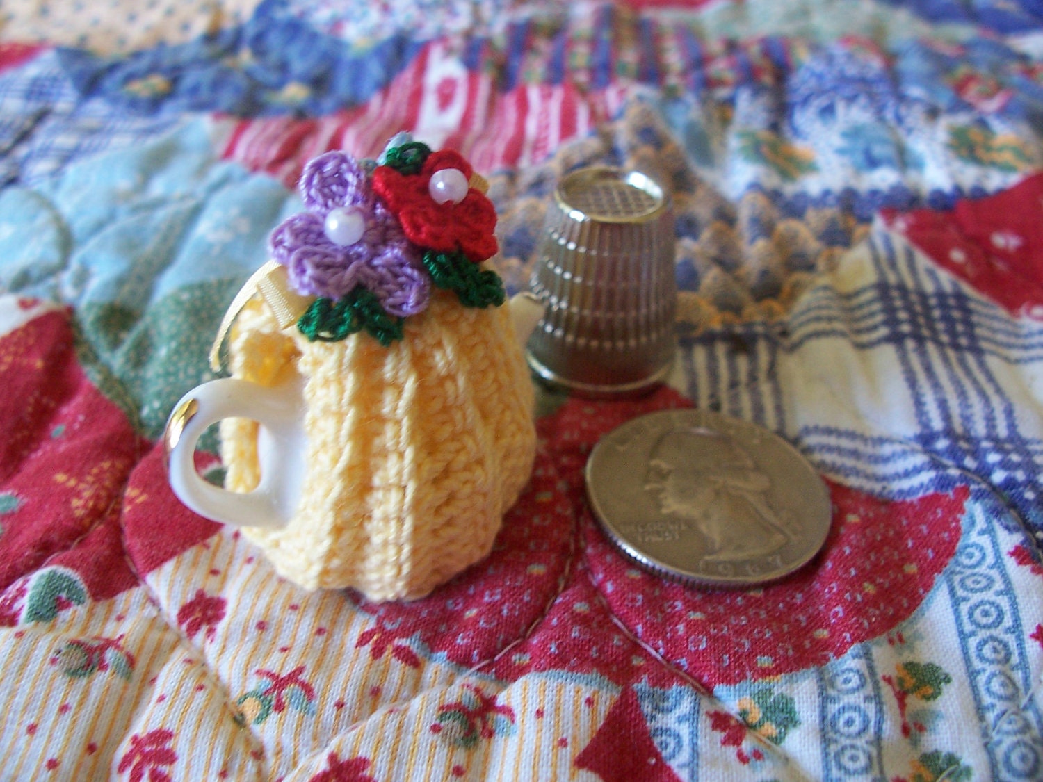 Miniature ooak Crochet dollhouse Posie Tea Pot Cozy