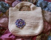 Ecru/Tan Crocheted Purse/Handbag with CROCHETED FLOWER APPLIQUE Lovely for Summer