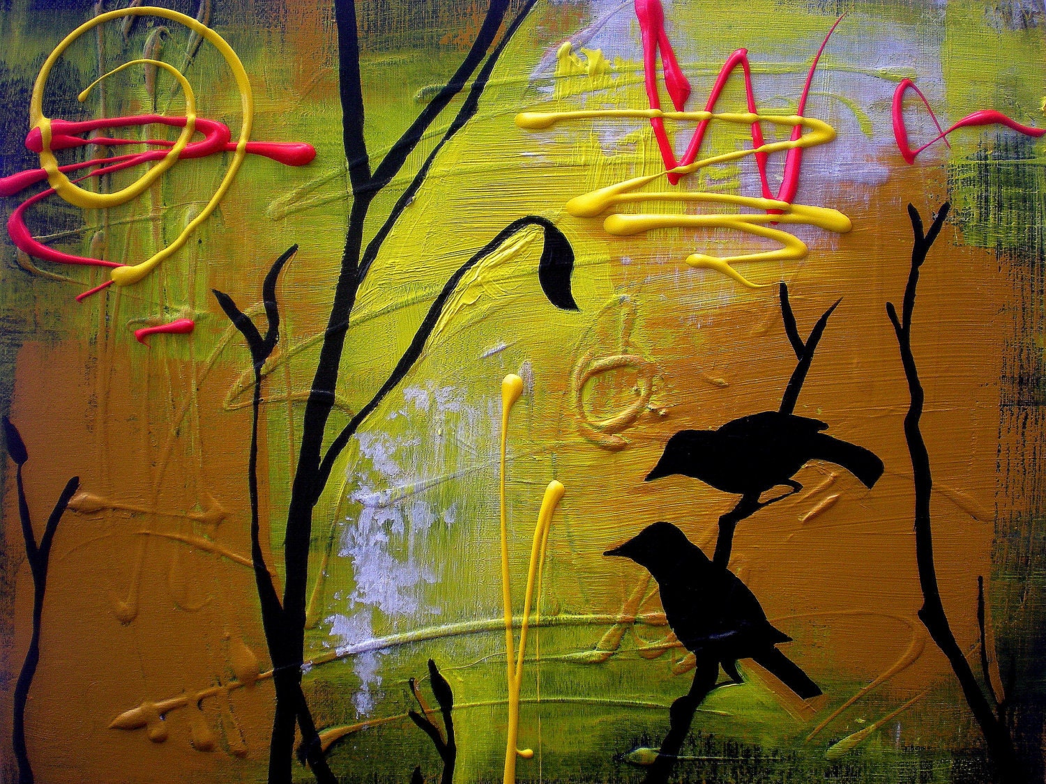 giclee print of the silhouette of birds on a branch against a bright background, abstract, acrylic and gouache on canvas
