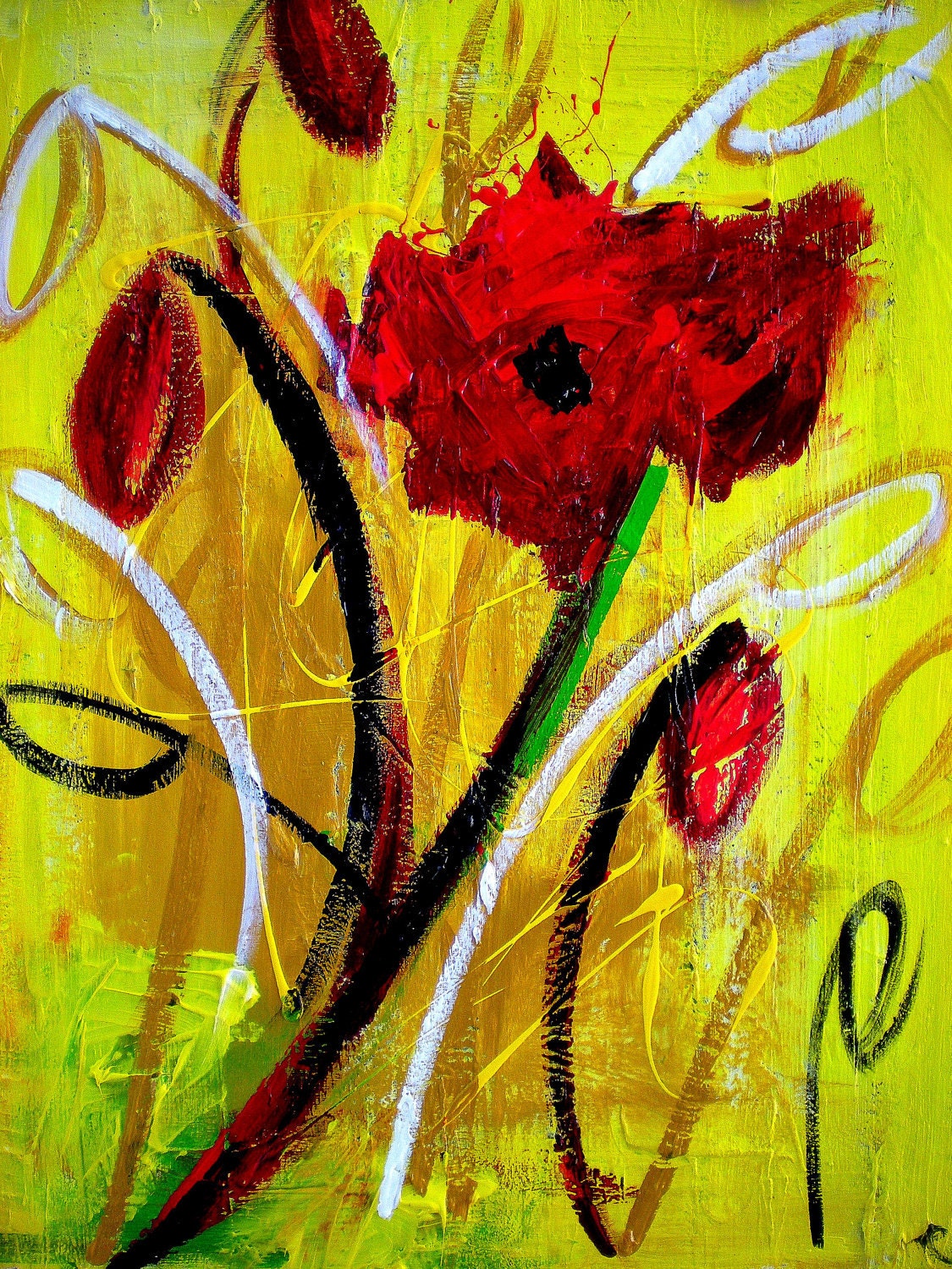 original painting of a red poppy against a yellow background, abstract, acrylic and gouache on canvas