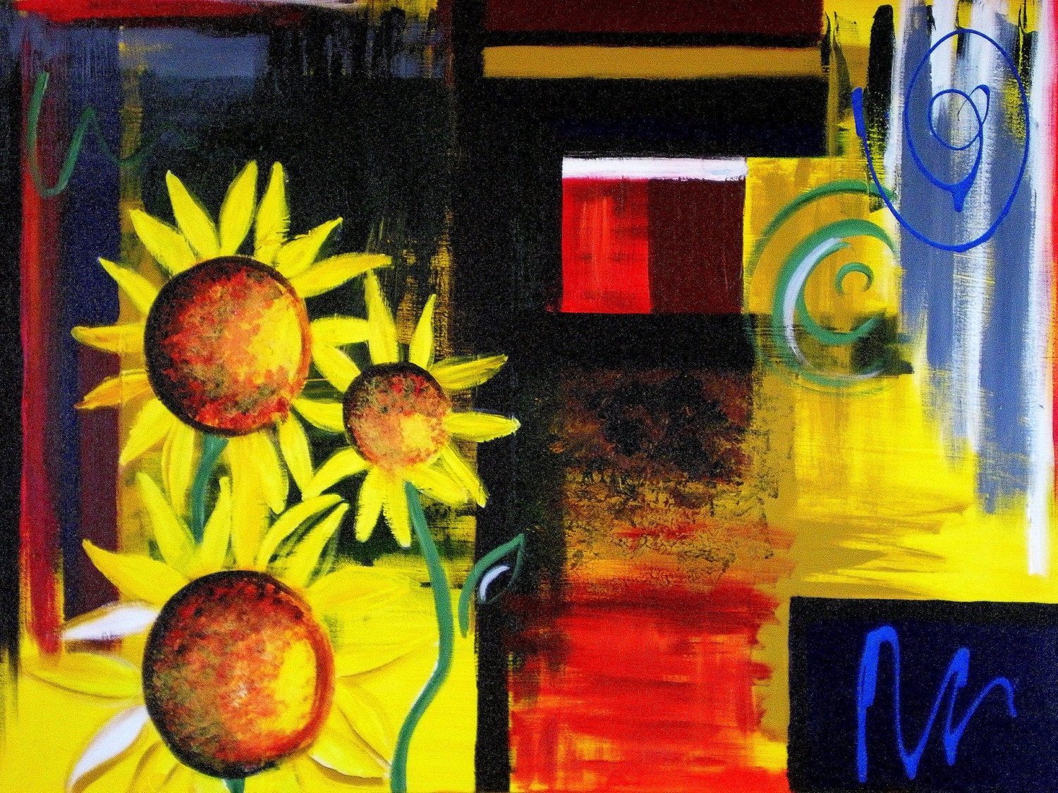 original painting of yellow sunflowers against an abstract background, abstract, acrylic on canvas
