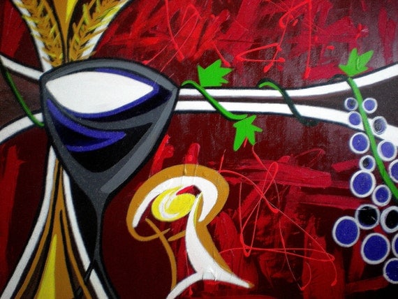 giclee print of communion, wine glass and grapes, wheat and bread, acrylic and gouache on canvas