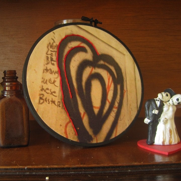 Hand Embroidered Wall Art, Troubled Hearts