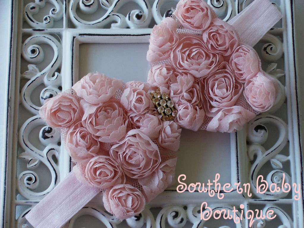 SUPER SALE---Boutique Baby Girl Headband with Rhinestone Rose Flower Bow-------BASHFUL Pink-------Romantic Couture