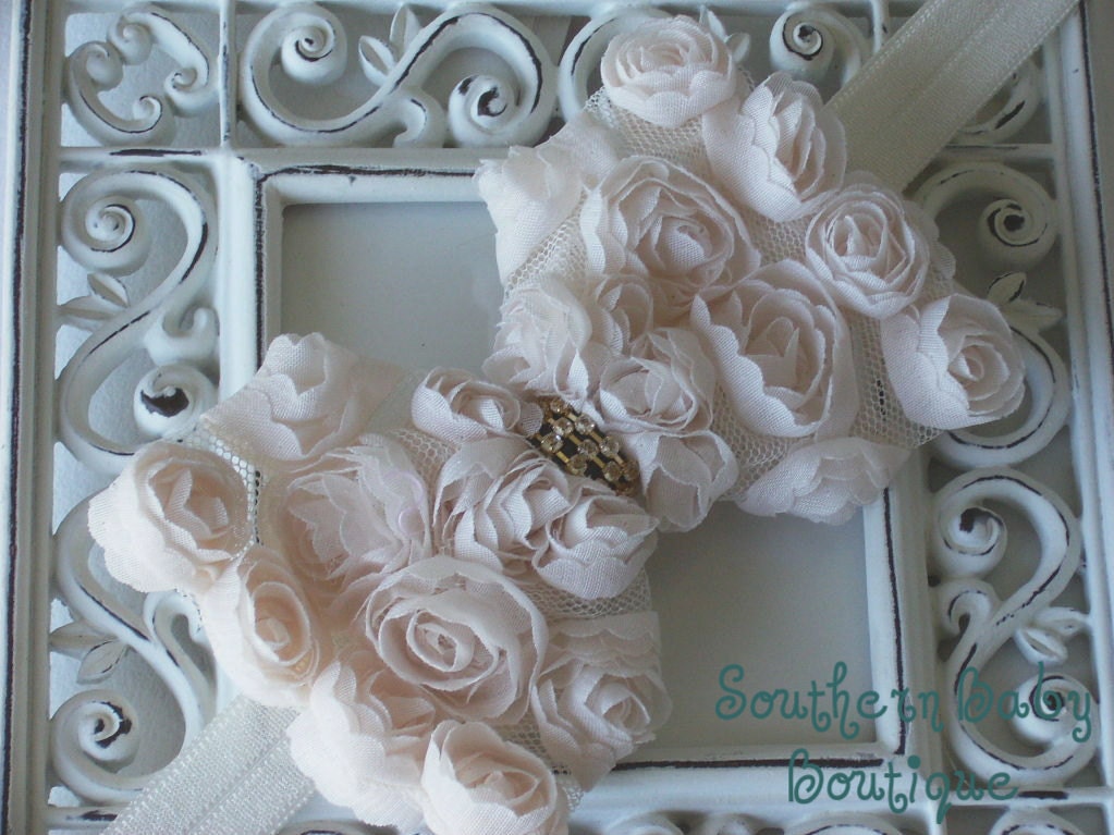 SUPER SALE----Boutique Baby Girl Headband with Rhinestone Rose Flower Bow-------Creamy Ivory-------Romantic Couture