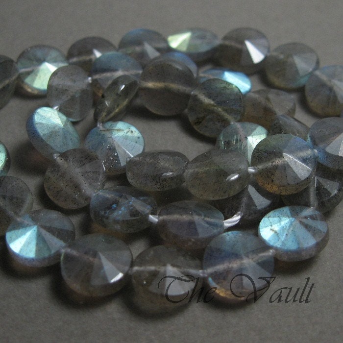 4 Labradorite 8.5mm coins, etched and polished alternating pie slice faceted