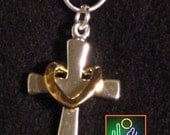 Sterling Silver Cross with 18kt Gold Heart Pendant Necklace on 18 inch 1.5mm Sterling Snake Chain