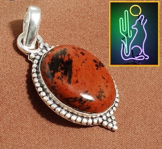 Sterling Silver Mahogany Obsidian Gemstone Pendant Necklace on 18 inch 2 mm Snake Chain