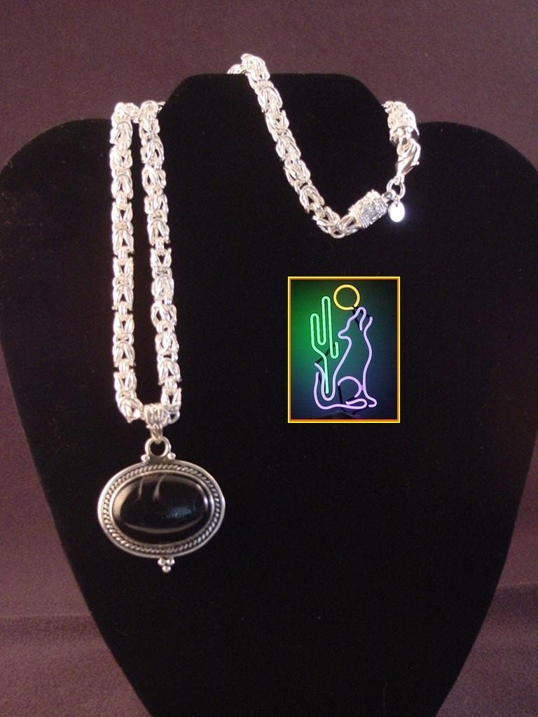 Black Onyx Sterling Pendant on 8 inch 8mm Sterling Byzantine Chain