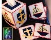 Nautical Theme Needle Point Tissue Box with 6 pc. Coaster Set and Holder