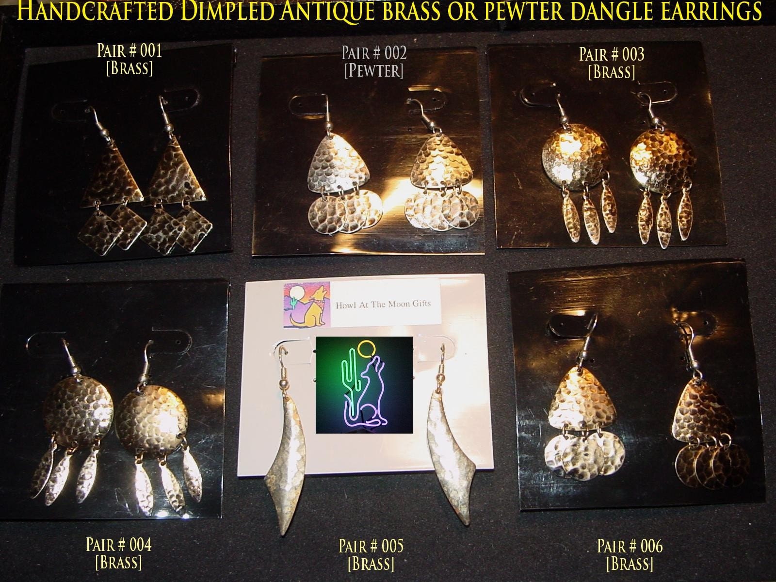 Handcrafted Dimpled Antique Brass or Pewter Dangle Earrings   CLEARANCE