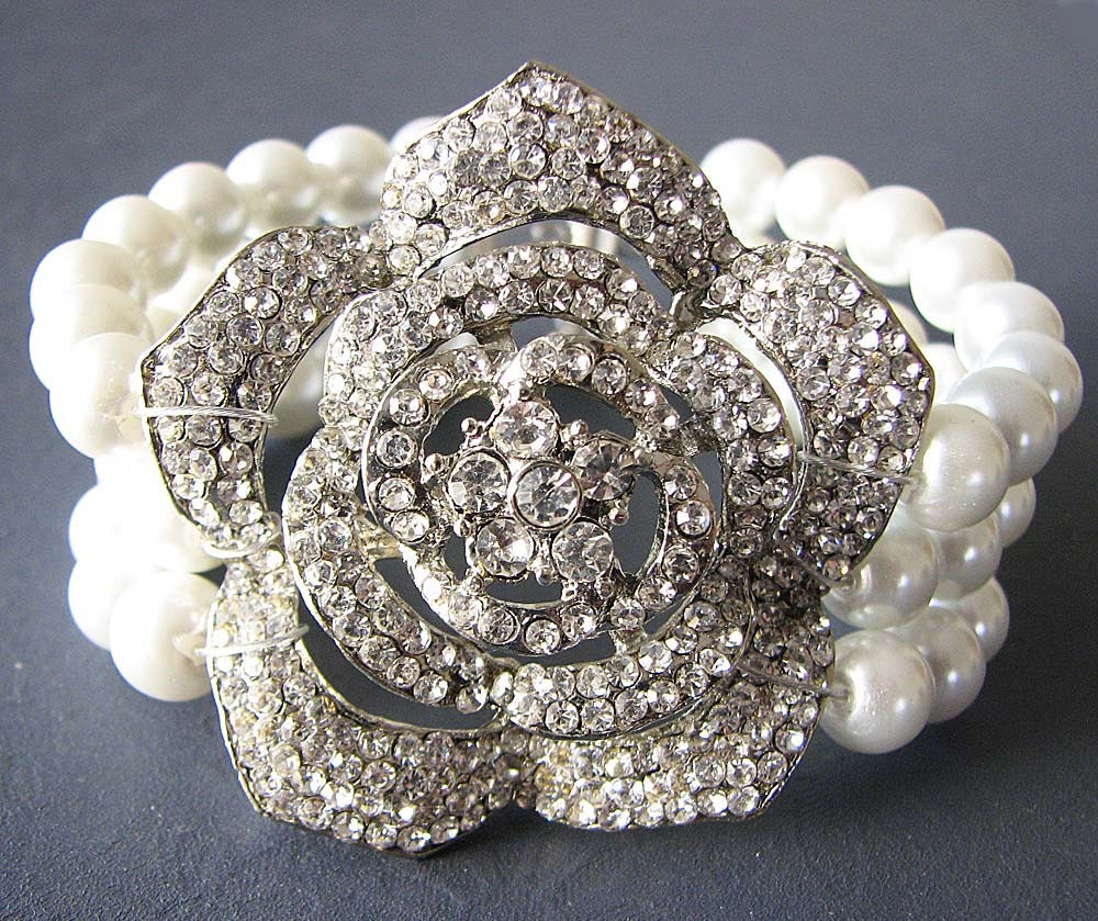 Bridal Jewelry Pearl Cuff Bracelet Crystal Wedding Jewelry Flower Bracelet Rhinestone Bridal Bracelet
