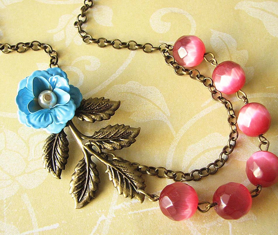 Flower Necklace Pink Jewelry Bib Statement Necklace Turquoise Jewelry Leaf Necklace