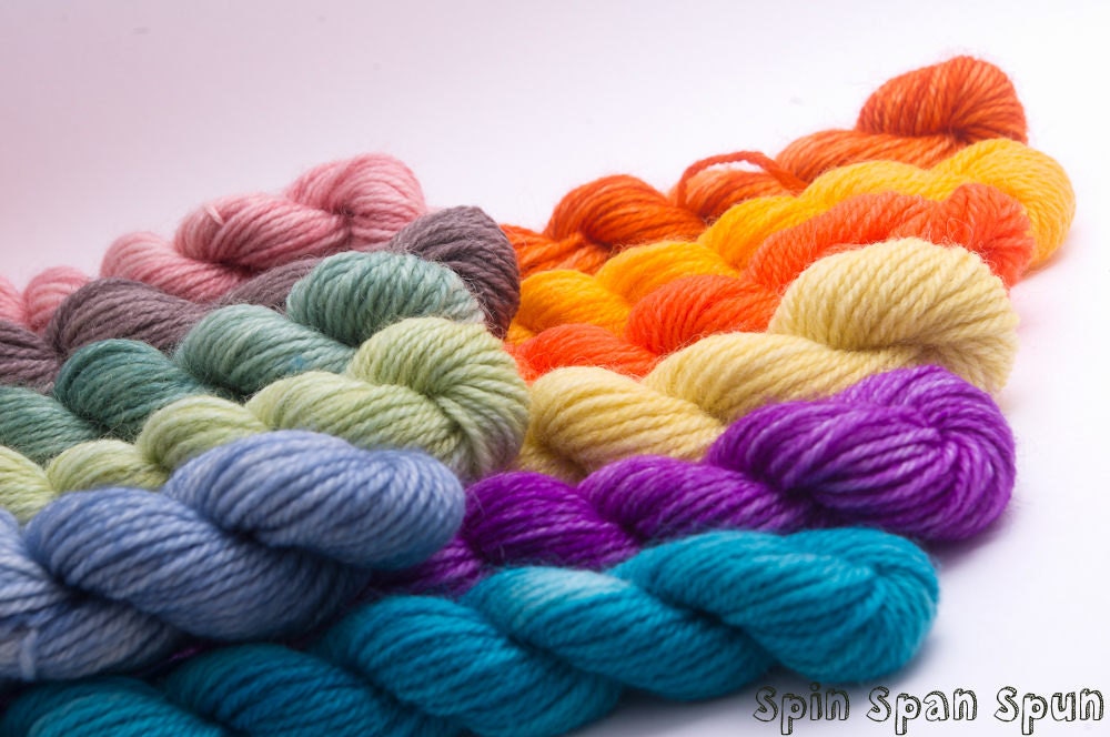 Sock Yarn, Mini Skeins, Stripes and Rainbow, SW Merino and Nylon, 55 yards, 15g,  12 mini skeins