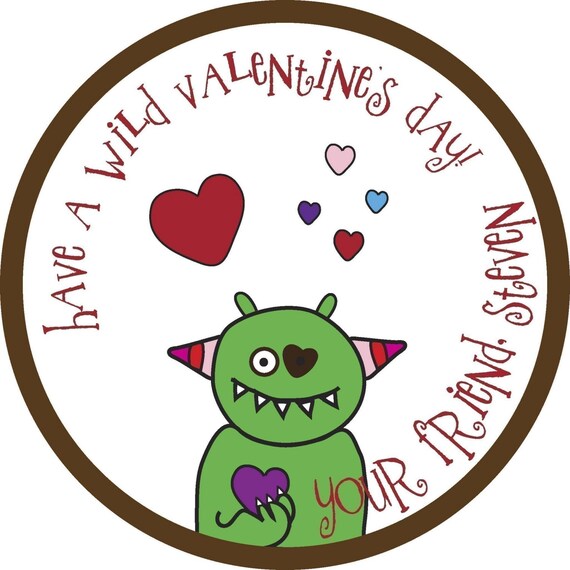 Personalized Stickers, Valentine Stickers, Cute, Monster, Treat bag labels, Valentines Day, Hearts,Seals,Kids, Favor,Set of 24 Il_570xn