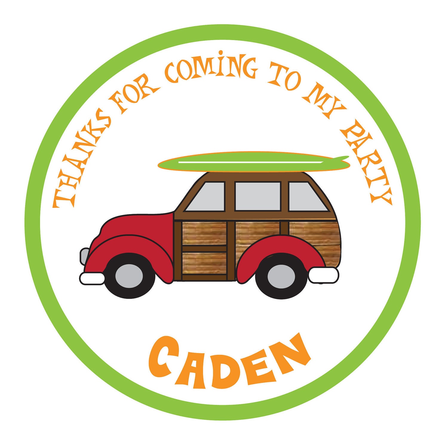 Woody wagon sticker, surf party, surf theme, Personalized Stickers 3.5" round Set of 20 Il_570xn