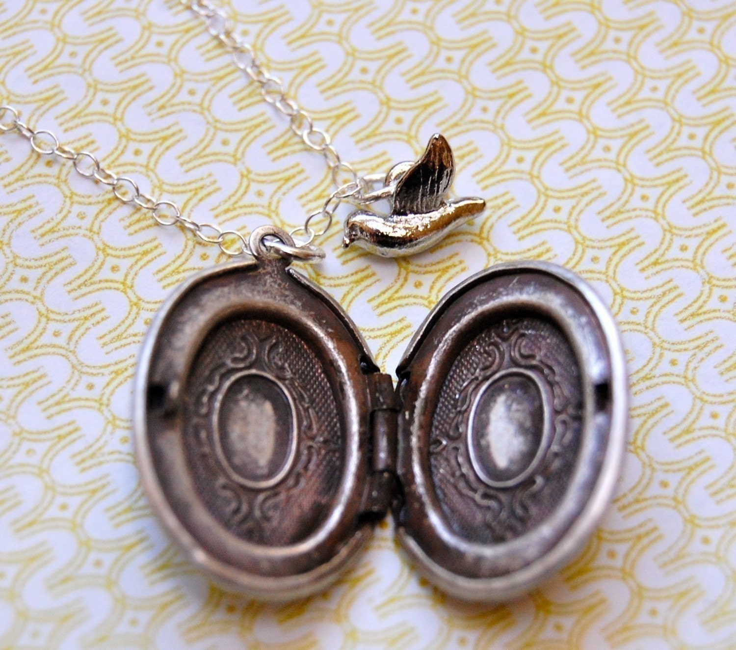 The Ornate Locket and Tiny Bird Necklace - Sterling Silver