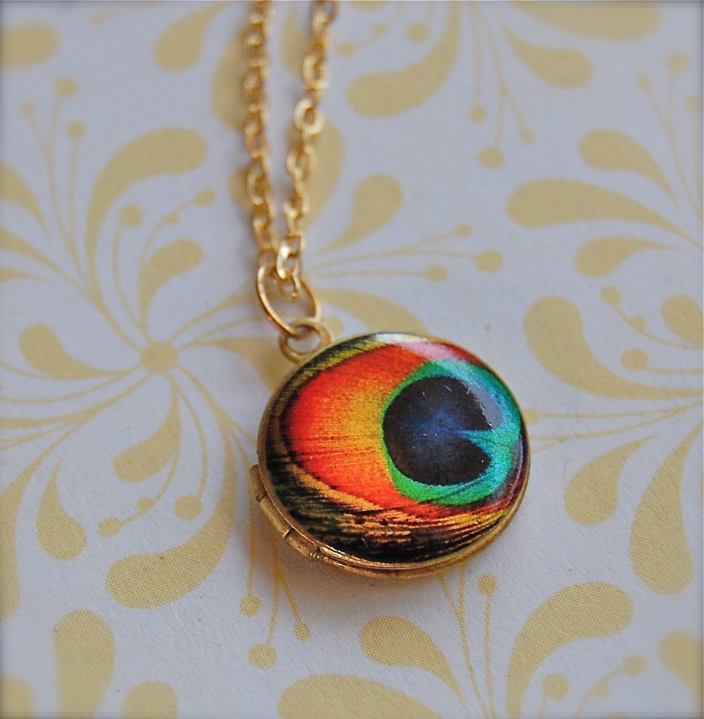 Tiny Locket Peacock Feather Art Print Turquoise Teal Orange Necklace