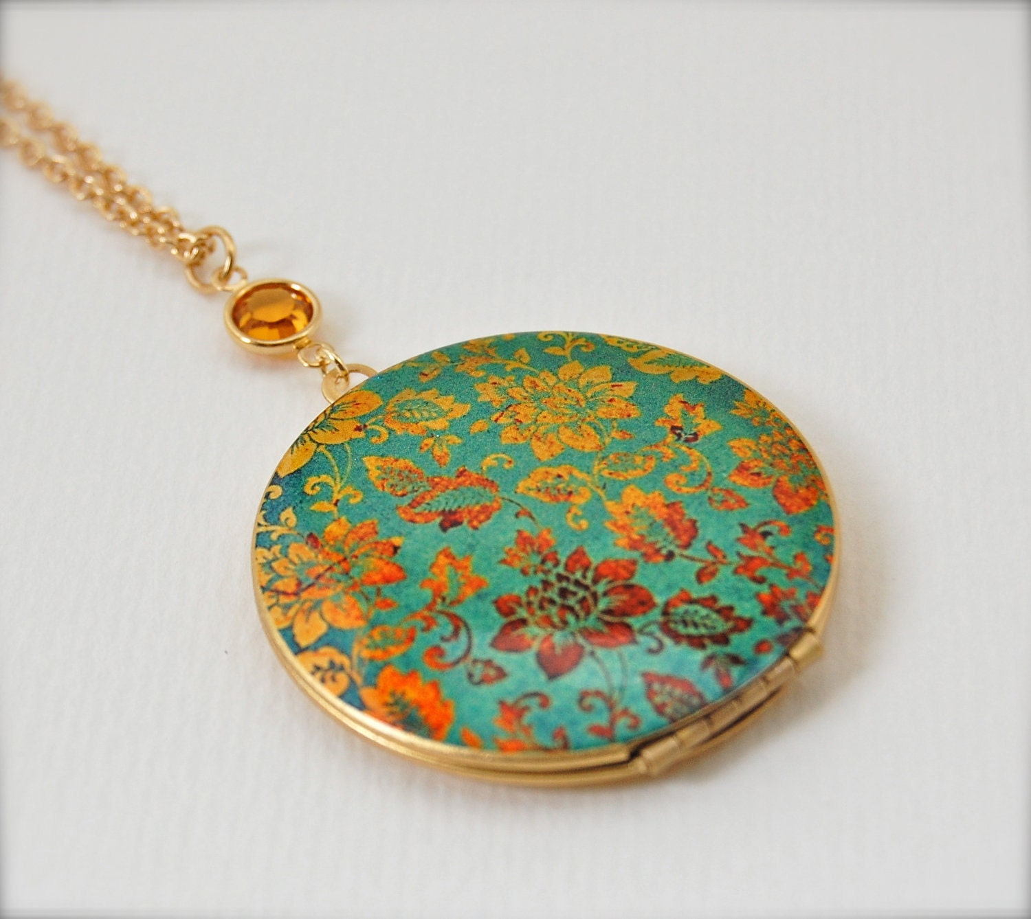 Vintage Locket Necklace with Turquoise and Gold Floral Wallpaper Print