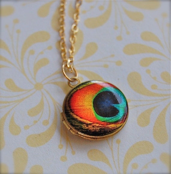 Tiny Locket Peacock Feather Art Print Turquoise Teal Orange Necklace