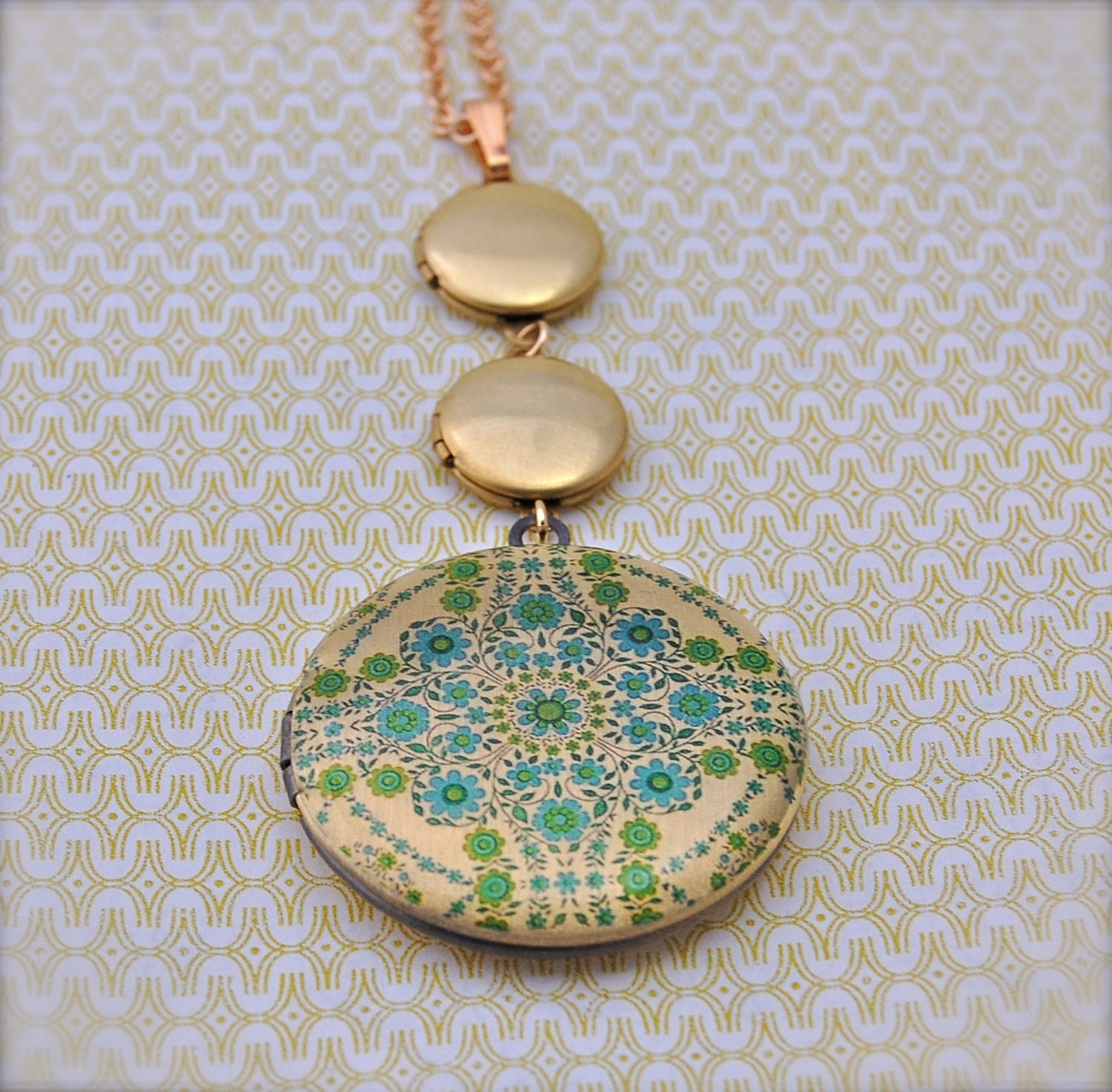 Vintage Inspired Lockets Trio Floral Wallpaper Green/Gold Long Necklace