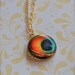 Tiny Locket Peacock Feather Art Print Turquoise Teal Orange Necklace