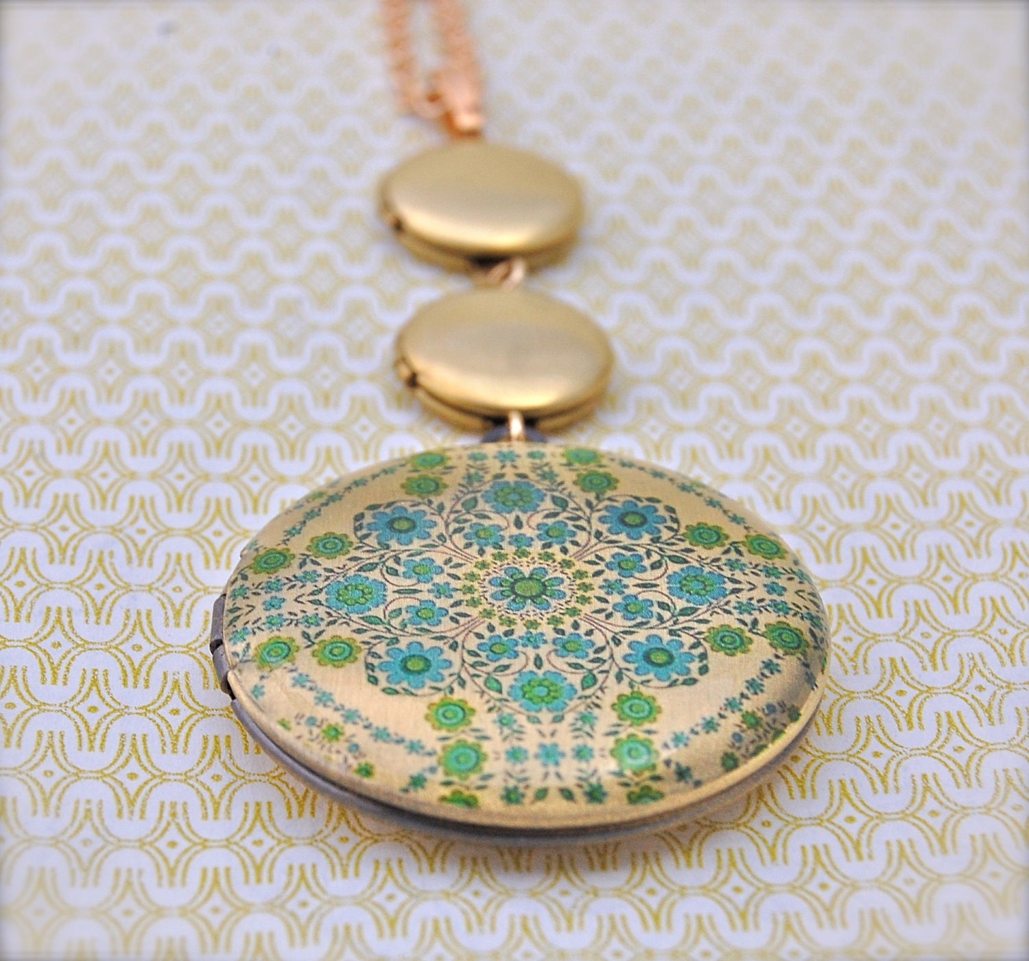 Vintage Inspired Lockets Trio Floral Wallpaper Green/Gold Long Necklace