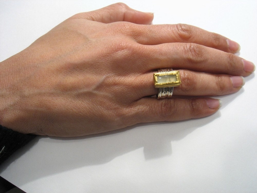 Enchantress Ring - prehnite set in gold on silver and gold bands