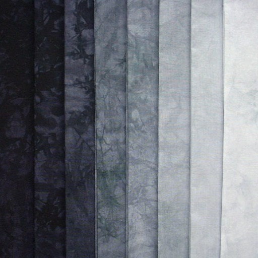 Hand Dyed Cotton Quilt Fabric, ONYX gradation, 8 Fat Quarters in Black and Gray