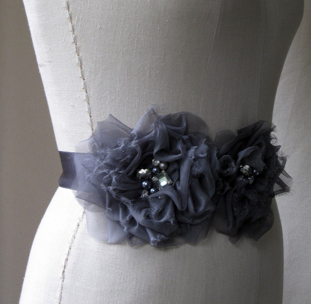 Silk Flower  And Ribbon Sash In Slate Gray