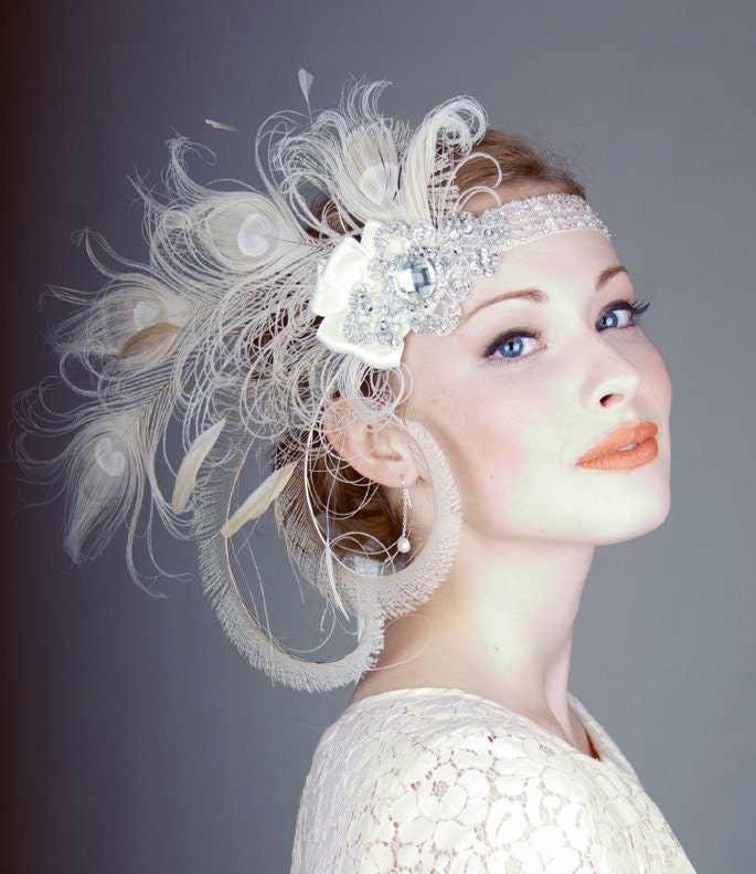 Ivory Peacock Feather Flapper Headband