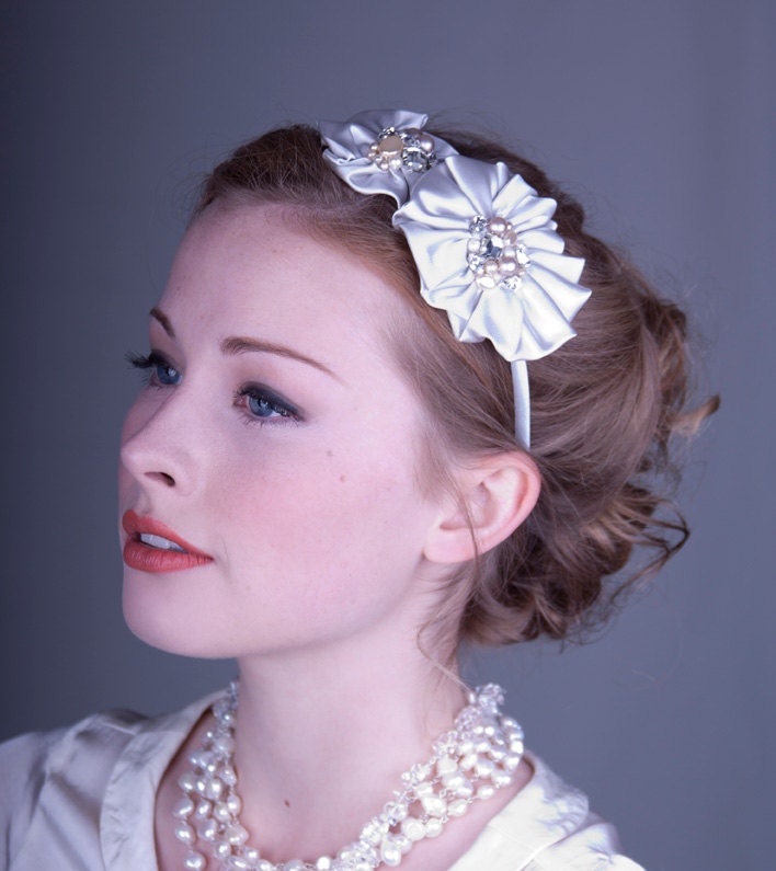 Beaded Headband With Pewter Silk Rosettes