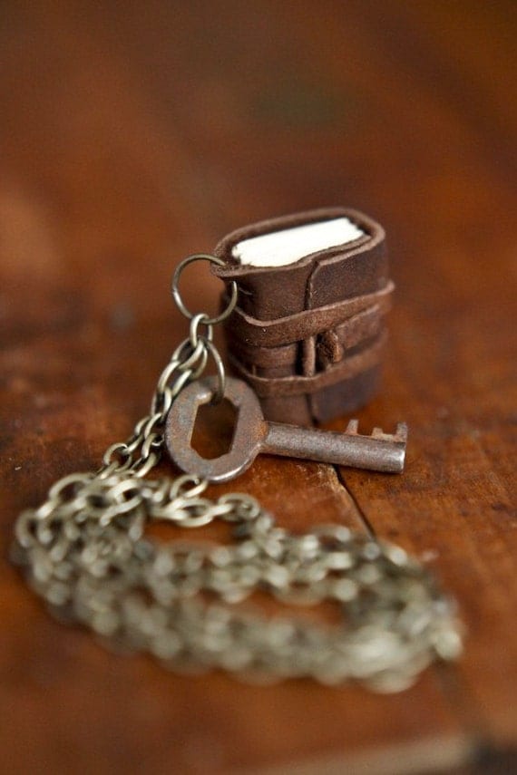 Mini Leather Journal Necklace with Antique Key