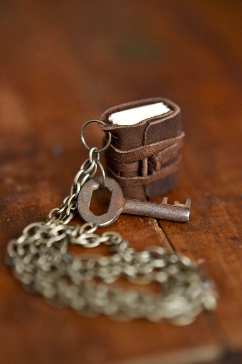 Mini Leather Journal Necklace with Antique Key