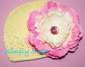 Yellow Crochet Hat with Pink Cream Peony Flower Clip - Baby (0-12 Months) Perfect for Tutu, Infants, 1st Birthday, Photography Prop
