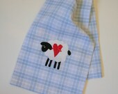 Tea Towel:  Sheep with Valentine Red Heart on Blue Plaid