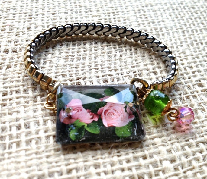 Roses in Springtime Bracelet with Vintage Chandelier Crystal (Vintage Assemblage)