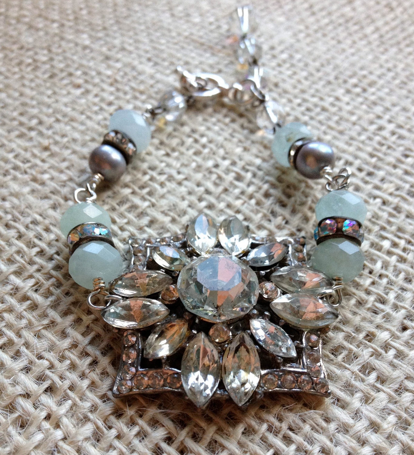 Vintage Assemblage Bracelet - Rhinestone and Beaded Upcycled Bracelet with Vintage Brooch - Vintage Bling