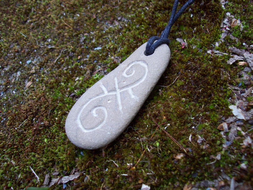 SALE- Primitive Beach Stone Spiral Glyph Pendant