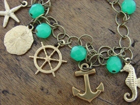Nautical Charm Bracelet Anchor Starfish Sand Dollar Ship Wheel (Free Shipping)
